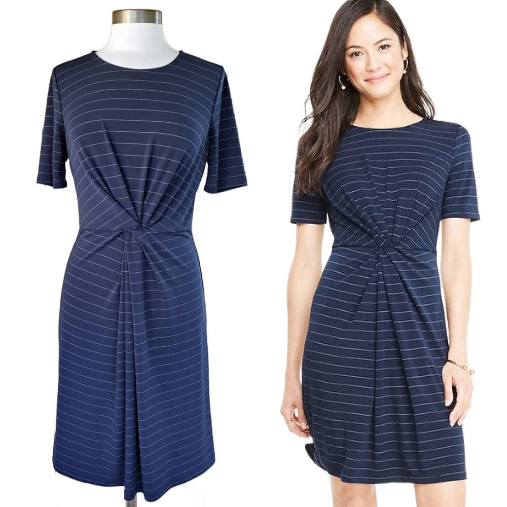 ANN TAYLOR Navy Blue Pinstripe Knotted Jersey Dress Size Small Business Casual